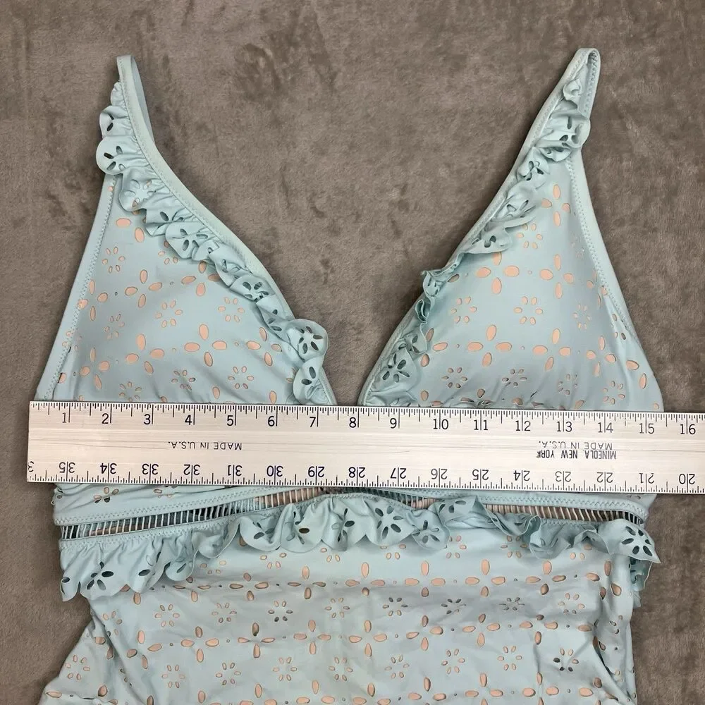 J Crew Eyelet Swimsuit Womens 14 Blue One Piece Ruffle Plunge Scalloped K9136